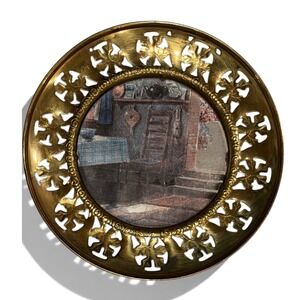 Pierced Brass Wall Plate Made in England Cottage Scene Reticulated Border